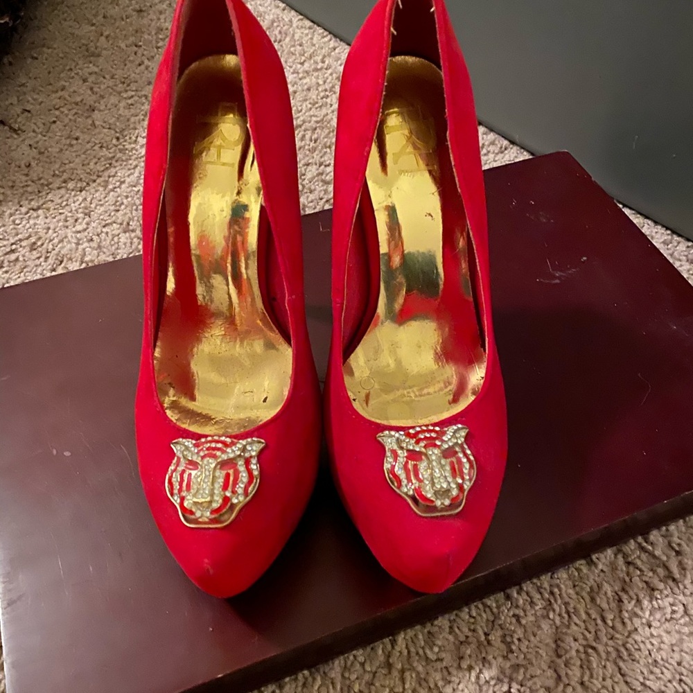 LADIES Sz 7 RED W CRYSTAL PANTHER SHOES 6in heel